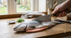 Heavy-duty deba knife being used to precisely fillet a fresh salmon on a kitchen prepping station.