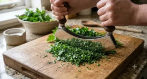 Double-blade mezzaluna knife slicing finely through parsley on a solid oak chopping board