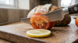 Close-up illustration of the sharp serrated edge of a specialised tomato and citrus knife designed for precision cutting.