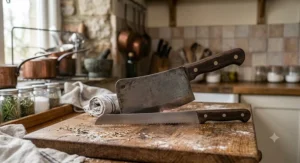 Essential British kitchen knives set featuring a heavy bone chopping cleaver and a serrated bread knife.