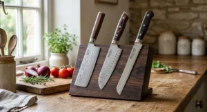 Set of three kitchen knives including a Japanese Nakiri, Santoku, and serrated bread knife placed on a wooden block