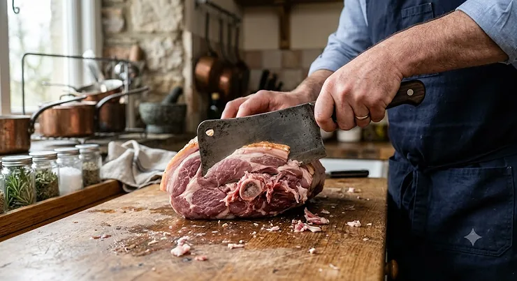 Heavy duty bone chopping cleaver slicing through meat and bone for a Sunday roast joint.