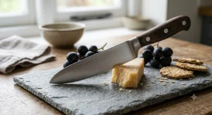 Illustration showing a heavy-duty cheese knife for hard cheese positioned on a slate cheese board