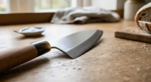 Close-up detail of a Japanese deba knife single-bevel stainless steel blade for filleting fish.