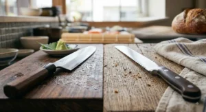 Side by side visual of a Japanese Yanagiba sashimi knife next to a stainless steel serrated bread knife.