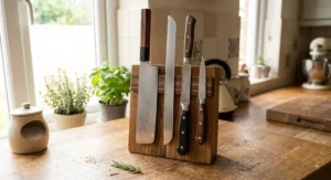 A modern wooden magnetic block holding the best nakiri knife alongside a high-carbon serrated bread knife.