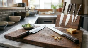 A professional kitchen knife collection featuring a sharp yanagiba knife and a long serrated bread knife.