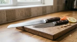 An illustration showing a serrated bread knife alongside a fork-tipped tomato and citrus knife on a kitchen worktop.