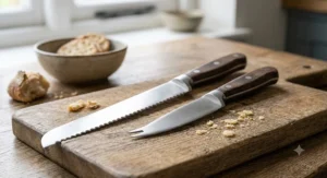 Illustration displaying a essential kitchen set featuring a serrated bread knife and a cheese knife for hard cheese
