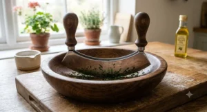 Curved mezzaluna herb chopper with wooden handles resting inside a matching wooden hachoir bowl