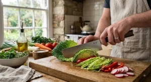 Close-up of a straight-edged Nakiri knife slicing fresh vegetables in a British home kitchen
