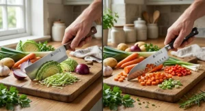 Demonstrating vertical push-cut chopping with a Nakiri knife versus the push-cut action of a Santoku knife
