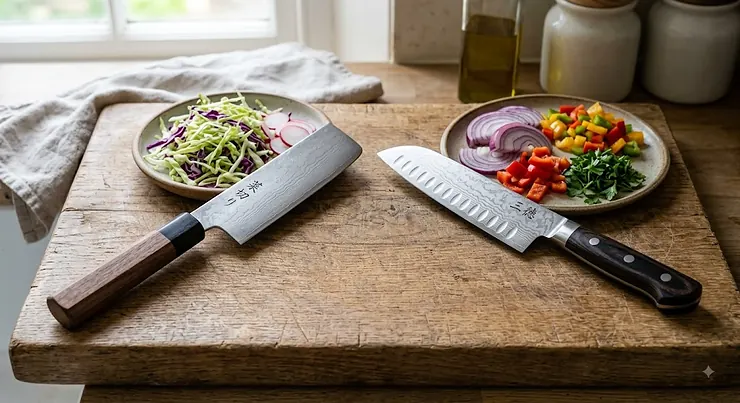 Side-by-side comparison of a Japanese Nakiri vegetable knife and a versatile Santoku knife on an oak chopping board, nakiri vs santoku knife