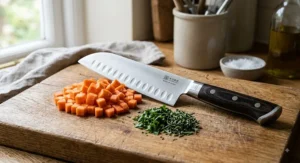 Santoku knife with scalloped Granton edge resting alongside diced carrots and herbs