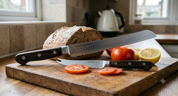 A pair of kitchen knives featuring a long serrated bread knife and a small tomato and citrus knife displayed on a wooden chopping board.