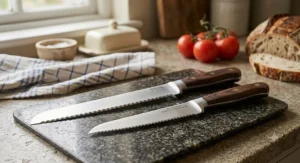 Essential UK kitchen cutlery set including a long serrated bread knife and a small tomato knife on a granite counter