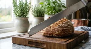 Close-up of the scalloped edge of a serrated bread knife resting beside a freshly baked crusty loaf.