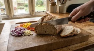 A long serrated bread knife cutting clean thin slices of artisanal bread without squishing the soft centre.