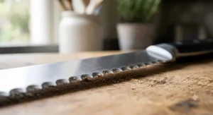 Close up illustration showing the sharp scalloped blade teeth of a professional serrated bread knife.