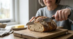 Illustration of a sharp serrated bread knife cutting clean slices of a fresh crusty artisan loaf