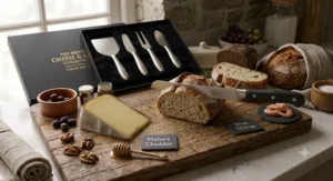 Illustration of a precision serrated bread knife cutting a loaf alongside a matching cheese knife set.