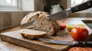 A stainless steel serrated bread knife cutting through a loaf of fresh crusty artisan sourdough bread.