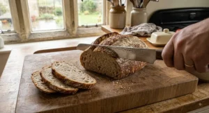 A stainless steel serrated bread knife neatly slicing through a fresh crusty sourdough loaf.