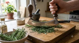 Single-blade mezzaluna rocking cutter chopping rosemary and thyme for a Sunday roast seasoning