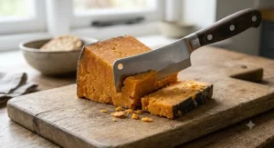 Illustration of a small cleaver-style cheese knife for hard cheese slicing vintage Red Leicester