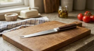 Detail of a British stainless steel tomato knife featuring a micro-serrated edge and a traditional forked tip
