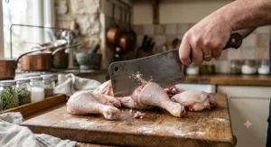 Stainless steel bone chopping cleaver cleanly cutting through chicken bones on a wooden chopping board.