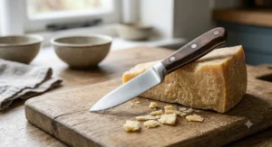 Illustration of a stainless steel cheese knife for hard cheese alongside a wedge of Parmesan