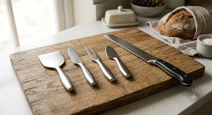 A modern stainless steel cheese knife set presented alongside a sharp serrated bread knife on a wooden board.