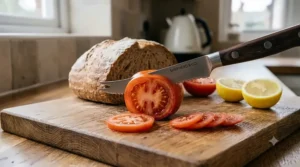 A small serrated tomato and citrus knife slicing thin, even slices of ripe red tomatoes without crushing the skin.