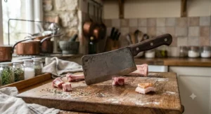 Traditional butcher's bone chopping cleaver resting on an oak butcher's block.