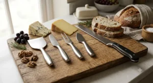 Illustration of a rustic oak cheeseboard featuring a 4-piece cheese knife set and a long serrated bread knife.