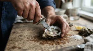 Illustration of the best oyster knife opening a fresh catch on a wooden board