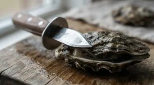 Close-up of the curved tip on the best oyster knife for precise leverage