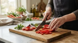 Close-up of a stainless steel chef's knife slicing crisp vegetables on a worktop