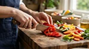 Close-up of a chef slicing fresh vegetables using a sharp stainless steel knife on a wooden chopping board