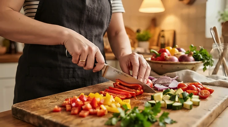 A carbon steel chef's knife for professionals finely slicing root vegetables on a wooden chopping board in a busy kitchen.