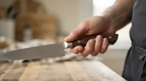 Detailed view of the ergonomic handle and bolster of a carbon steel chef's knife for professionals during use.