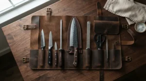 A carbon steel chef's knife for professionals stored securely inside a professional leather knife roll for travel.