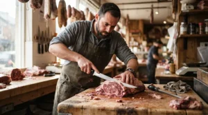 A professional chef using a carbon steel chef's knife for professionals to butcher a prime cut of beef.