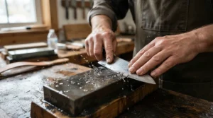 A carbon steel chef's knife for professionals being sharpened at the correct angle on a traditional whetstone.