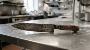 A carbon steel chef's knife for professionals showing a natural dark patina developed from active kitchen use.