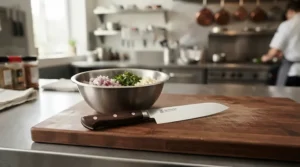 A carbon steel chef's knife for professionals ready on a station during evening dinner service preparation.