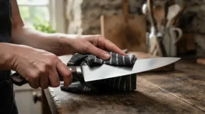 A clean cloth being used to dry and protect carbon steel kitchen knives immediately after washing.