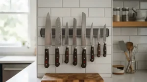 An affordable budget kitchen knife set featuring carbon steel kitchen knives mounted neatly on a wall magnetic strip.