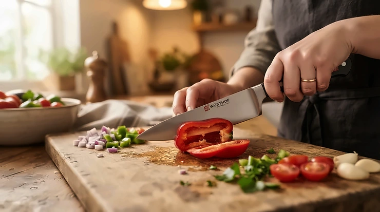 A high carbon steel chef's knife being used to slice vegetables on a rustic wooden board, showcasing carbon steel kitchen knives in action.